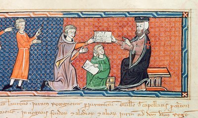 Guillaume Jaubert taking an oath before King James I by Spanish School